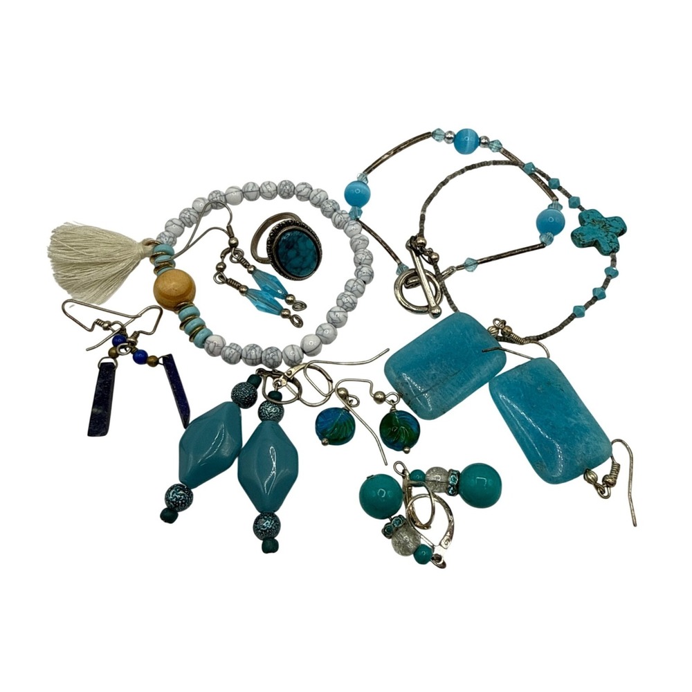 Boho Coastal Turquoise Beaded Statement Jewelry Lot of 11 Piece Bundle